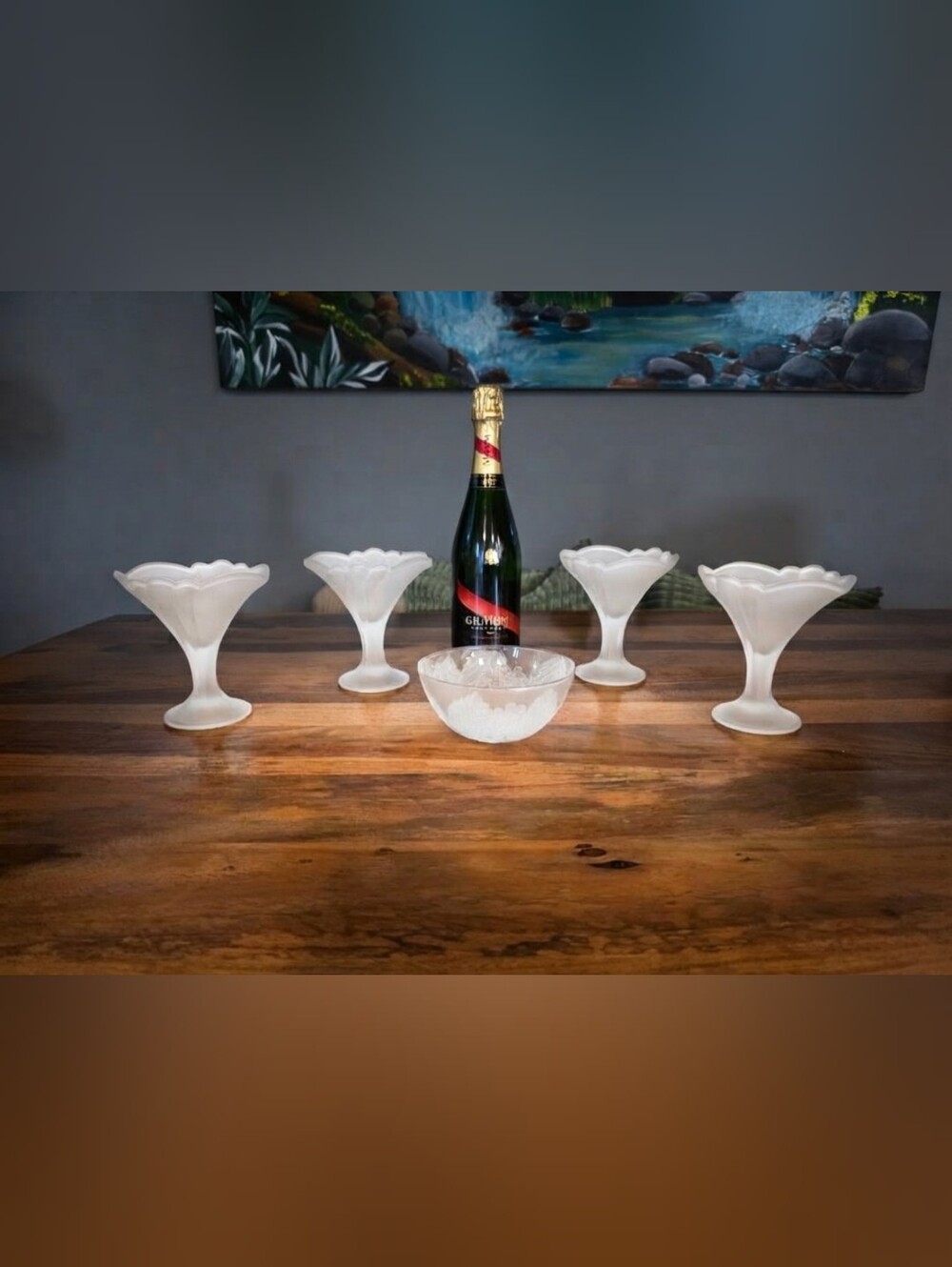 Vintage Frosted Glass Champagne Coupes & Bowl Set Italy Indonesia